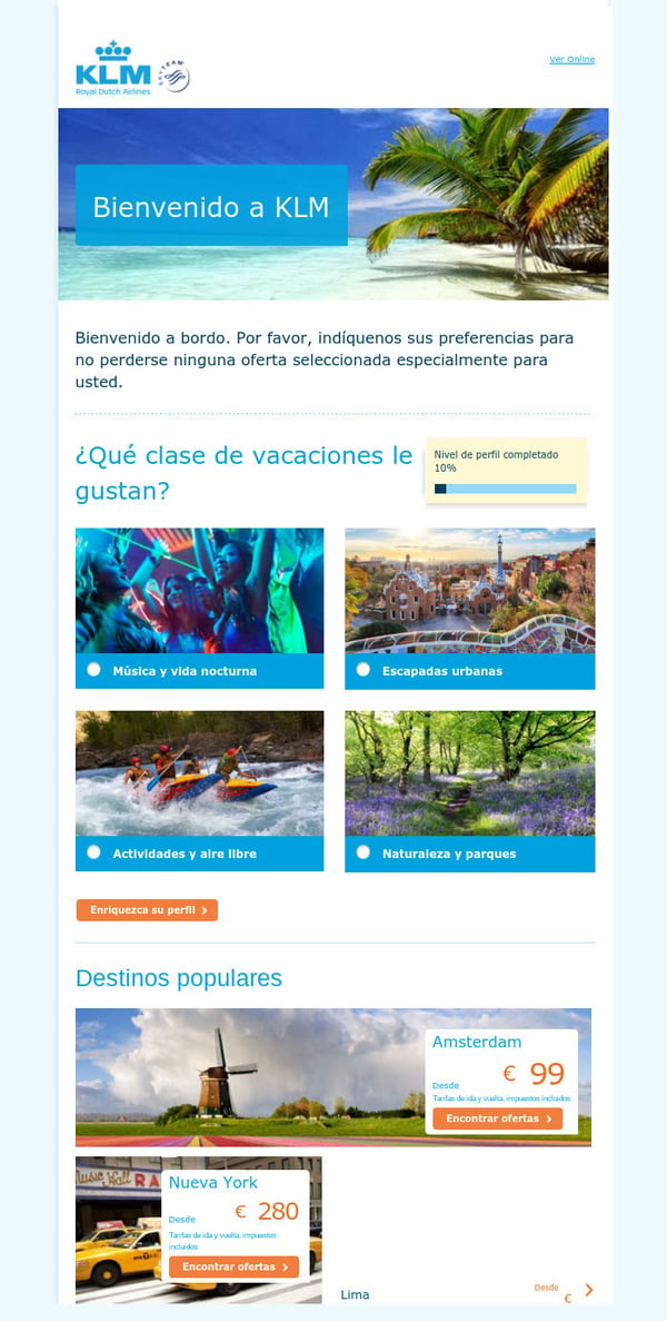 Esta é uma captura de tela que mostra um exemplo de e-mail de boas-vindas KLM