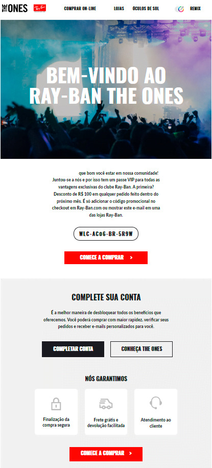 Esta é uma captura de tela que mostra um exemplo de e-mail de boas-vindas da Rayban