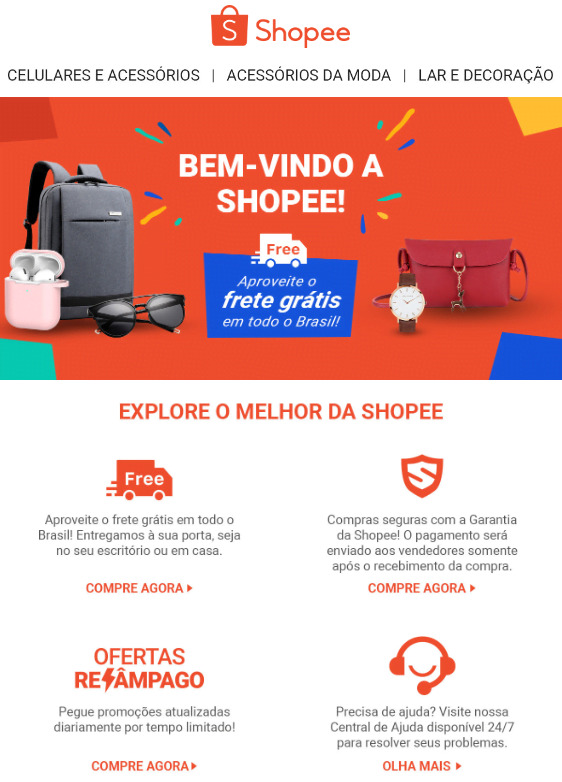 Esta é uma captura de tela que mostra um exemplo de e-mail de boas-vindas da Shoppee