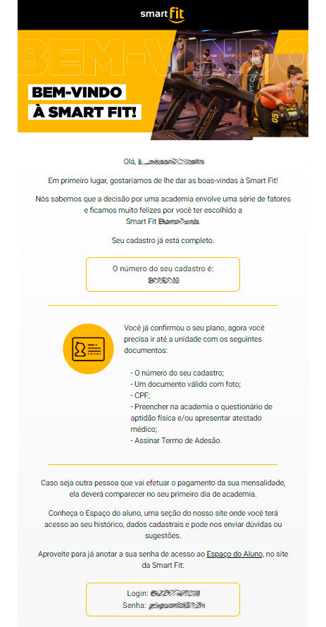 Esta é uma captura de tela que mostra um exemplo de e-mail de boas-vindas da Smartfit