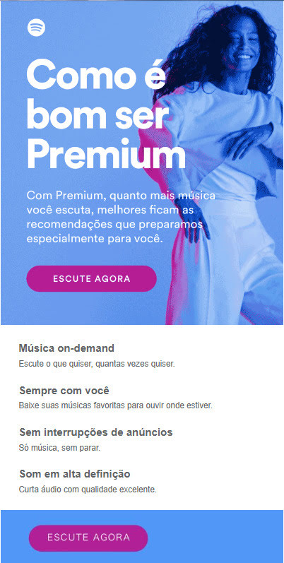 Esta é uma captura de tela que mostra um exemplo de e-mail de boas-vindas do Spotify