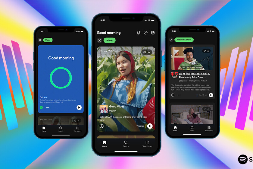 Esta é uma imagem que mostra celulares com a interface front-end do Spotify. 