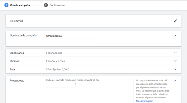 gmail ads configuracion campaña