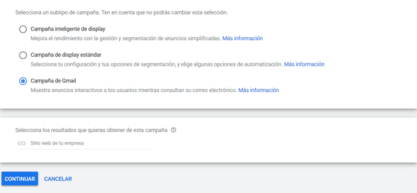gmail ads escoger subtipo de campaña