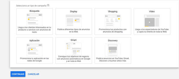 gmail ads seleccionar tipo de campaña