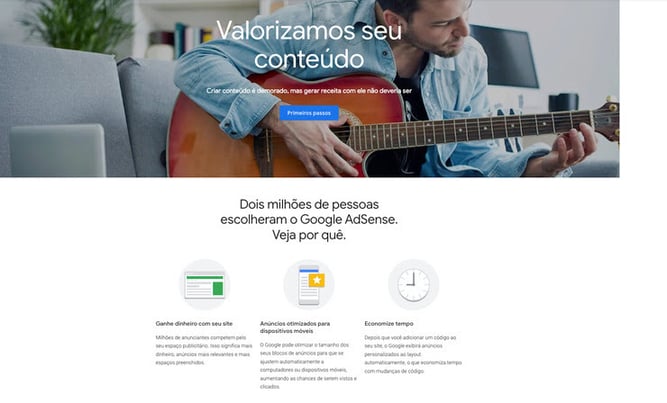 Esta imagem é um print screen da página inicial da plataforma do Google AdSense.