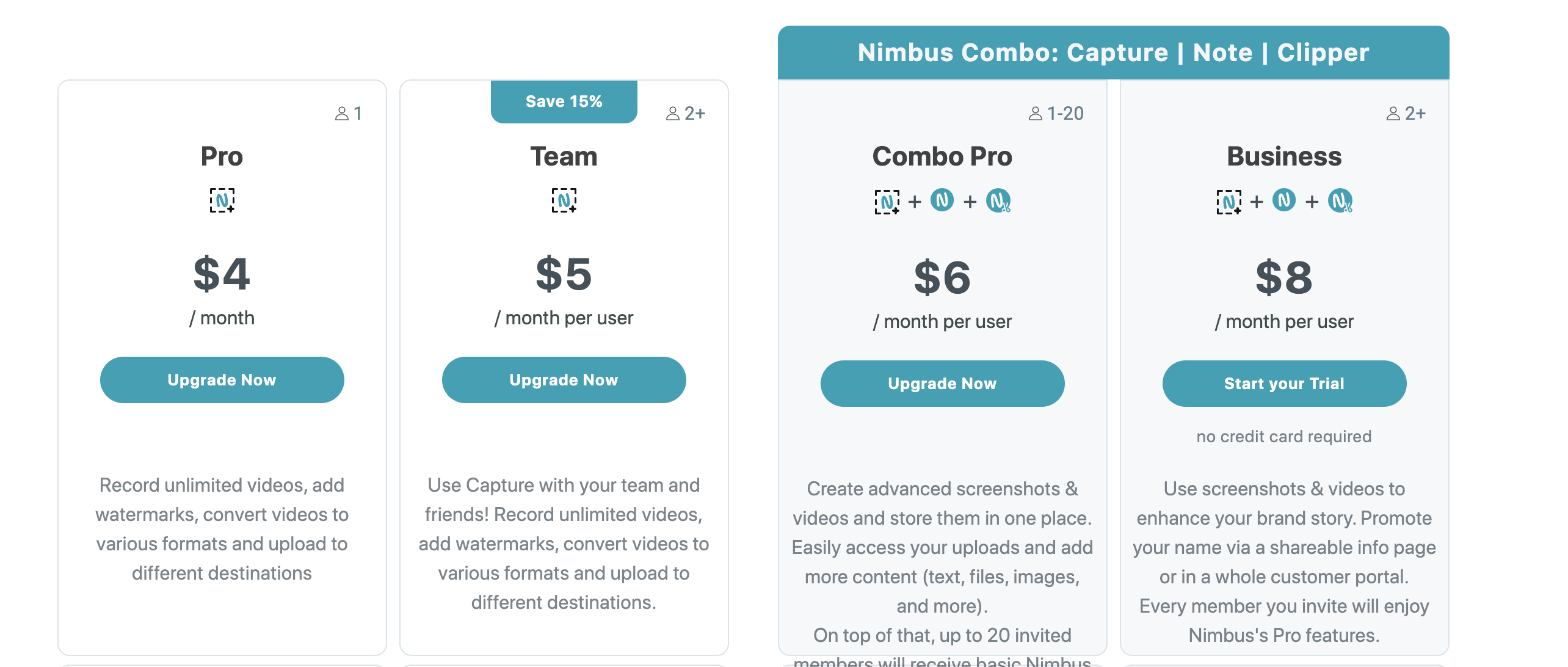 Esta é uma captura de tela que mostra as opções de plano do Nimbus capture.