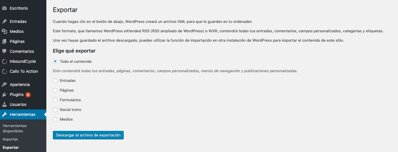 herramienta de marketing Wordpress exportar