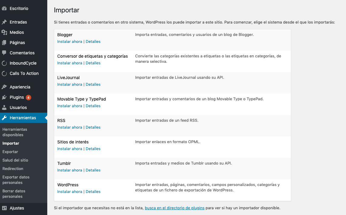 herramienta de marketing Wordpress importar