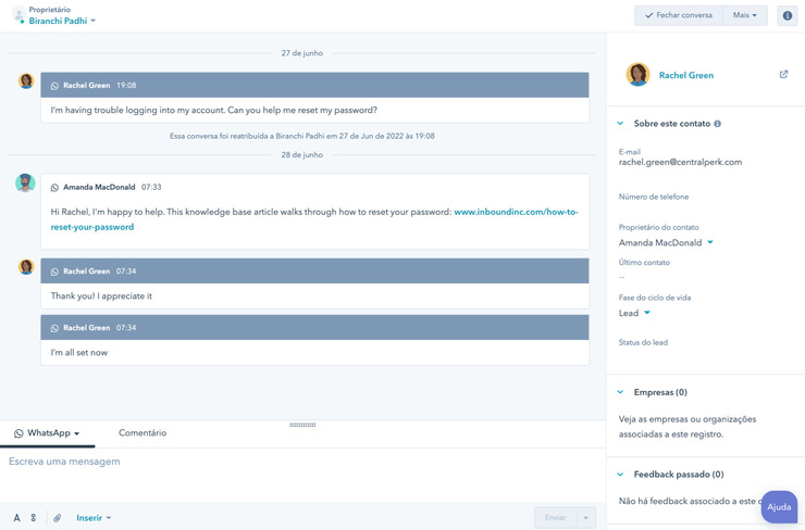 Esta é uma captura de tela com um chat do Whatsapp no Hubspot 