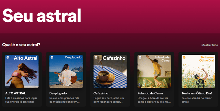 Esta é uma captura de tela que mostra as playlists personalizadas para o Spotify Brasil.