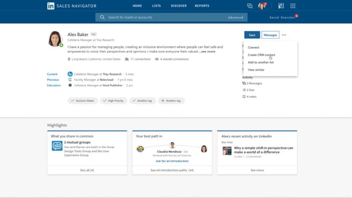 Essta é uma captura de tela mostrando a integração de CRM com LinkedIn Sales Navigator.