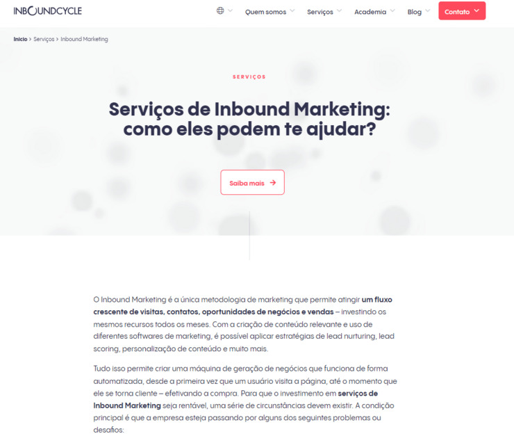 Esta é uma imagem da página de serviços de inbound marketing da InboundCycle Brasil