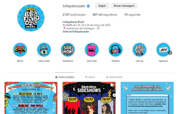 Esta captura mostra o Instagram do Lollapalooza promovendo a loja do festival na sua biografia.