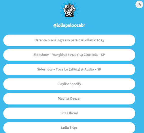 Esta captura de tela é a tela de destino do festival Lollapalooza logo após o visitante clicar no link da loja na bio do Instagram.