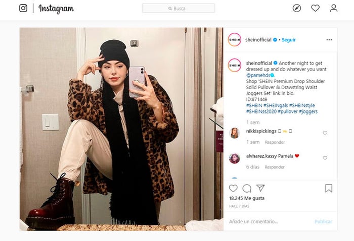 Esta captura de tela mostra o marketing visual da Shein na forma que divulga seus produtos em seu Instagram.