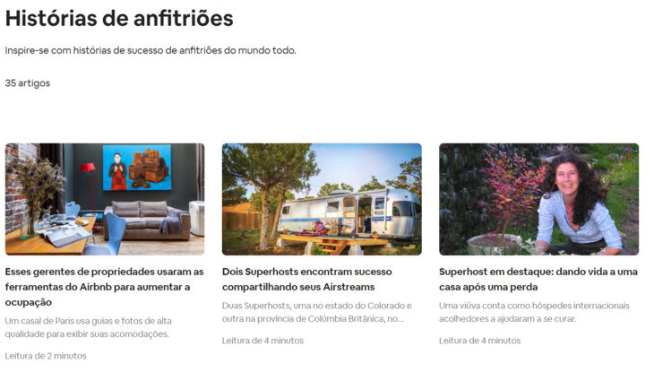 Esta captura de tela mostra a plataforma “Histórias da Comunidade do Airbnb”, que consiste em uma inovadora mescla de histórias de anfitriões e viajantes reais da plataforma de hospedagem.