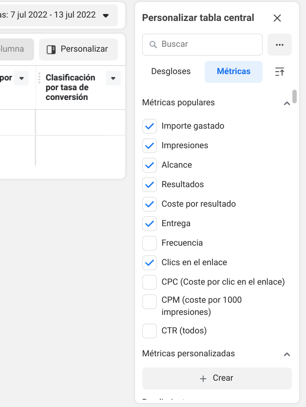 personalizar tabla administrador de anuncios de facebook