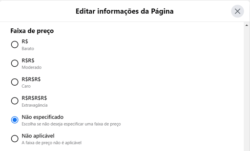 Esta é uma captura de tela mostrando como inserir preços na página de sua empresa no facebook.