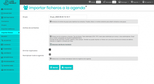 sms marketing importar ficheros