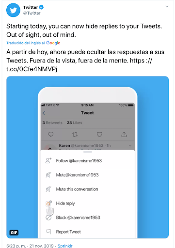 twitter para empresas hide replies