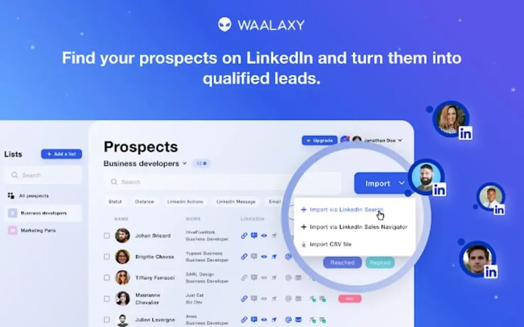 Esta é uma imagem que destaca a ferramenta Waalaxy, que maximiza seu alcance em plataformas como o LinkedIn, adotando uma abordagem centrada em dados.